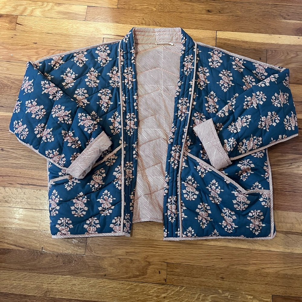 By Together Navy Floral Quilted Jacket with Cream and Red Stripe Lining